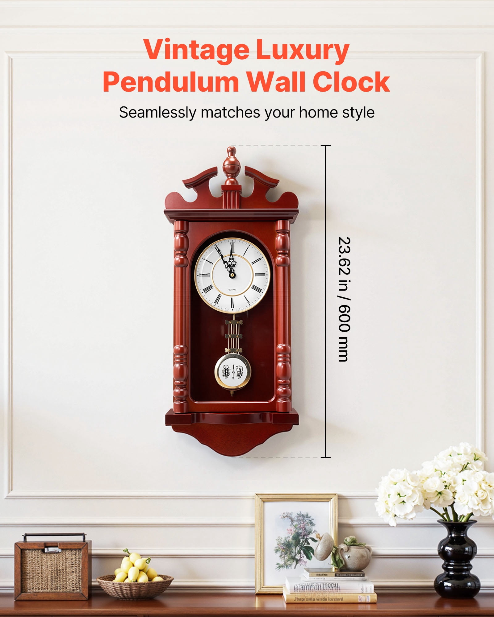 VEVOR Grandfather Clock, 23.2 in Classic Vintage Pendulum Clock, Pine Wood & MDF Wall Clocks with Quartz Movement and Quiet Design, for Living Room, Bedroom, Home Decor & Gift (Cherry Tone Finish)