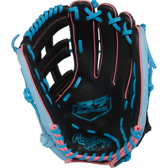 Rawlings R9 12.5-Inch First Base Mitt | 302 Pattern | RHT/LHT | Black/Columbia Blue/Pink