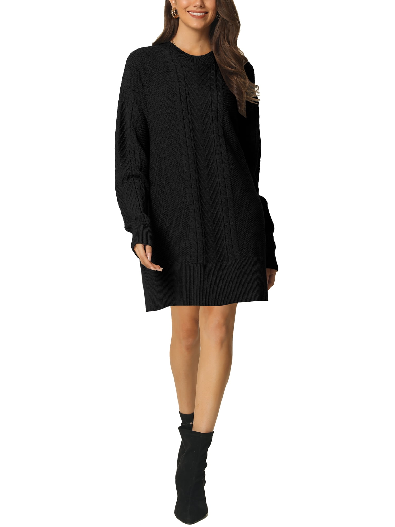 Unique Bargains Womens' Textured Long Sleeve Above Knee Casual Sweater Dress L Black