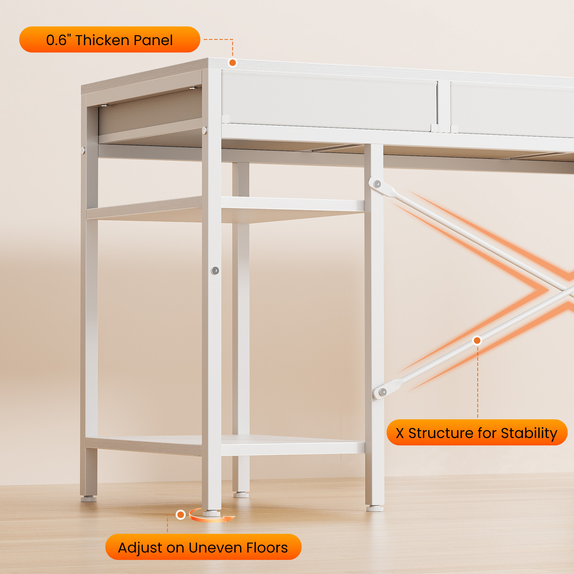 MCQ 47 Inch Computer Desk include 6 Drawers with 2 Empty Shelves, White