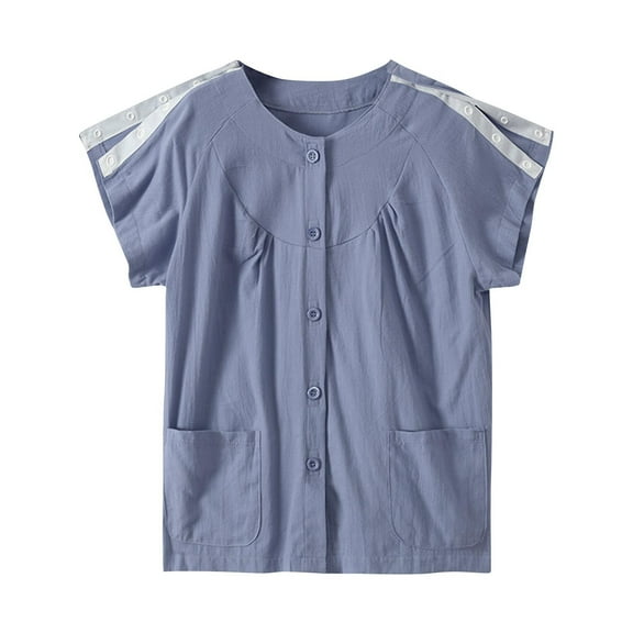 Ruimatai Post Surgery Shirt Women's Easy Wear Open Front Button Up Shoulder Fracture Top Short Sleeve Round Neck Recovery Clothing With Pockets