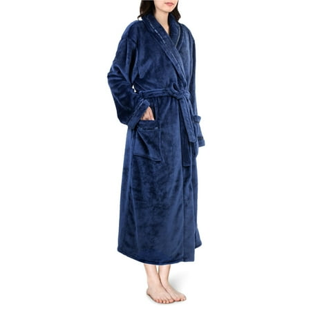 

PAVILIA Plush Robe For Women | Blue Fluffy Soft Bathrobe | Luxurious Fuzzy Warm Spa Robe Cozy Fleece Long Robe | Satin Trim Large-X-Large