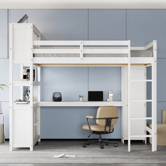 Wood Loft Bed with Cabinet and Bookshelf, Queen Size Loft with Wardrobe and Desk;White