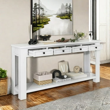 KEAIDO Console Table for Entryway, Solid Wood Rustic Narrow Long Sofa Table with 4 Storage Drawers and Bottom Shelf, 63" x 14" x 30",Retro White