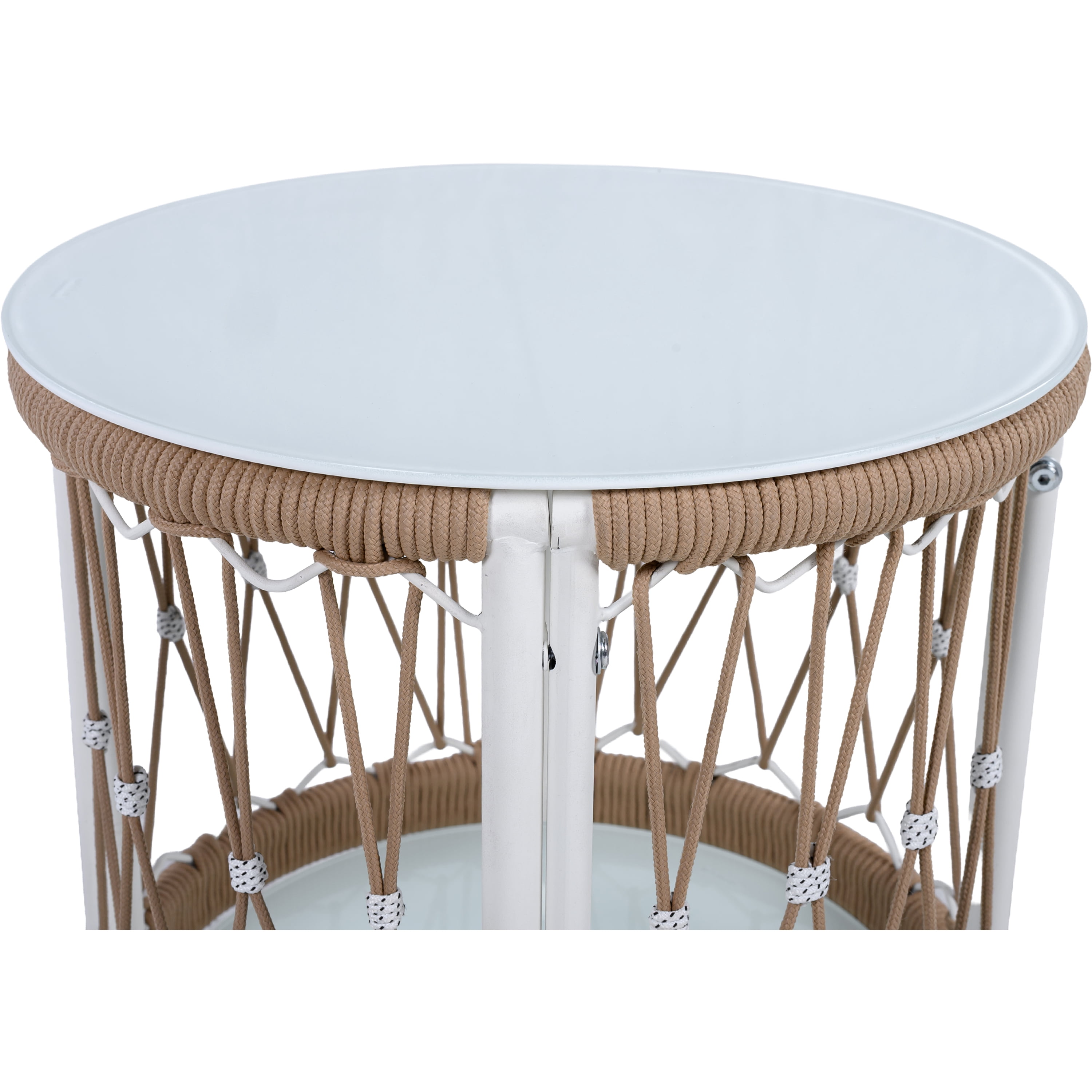 Bohemian Accent Side Table, 17.32 Inch Outdoor Table with Handwoven Rope and Steel Frame, Brown