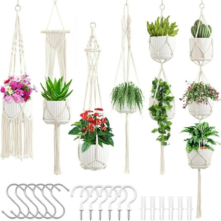Macrame Plant Hangers, 6Pack Hanging Planters for Indoor Plants w/ 6 Set Hangers Kit Handmade Macromay Plant Hangers Indoor Flower Pots Holder Stand for Boho Home Décor (POTS NOT Included)