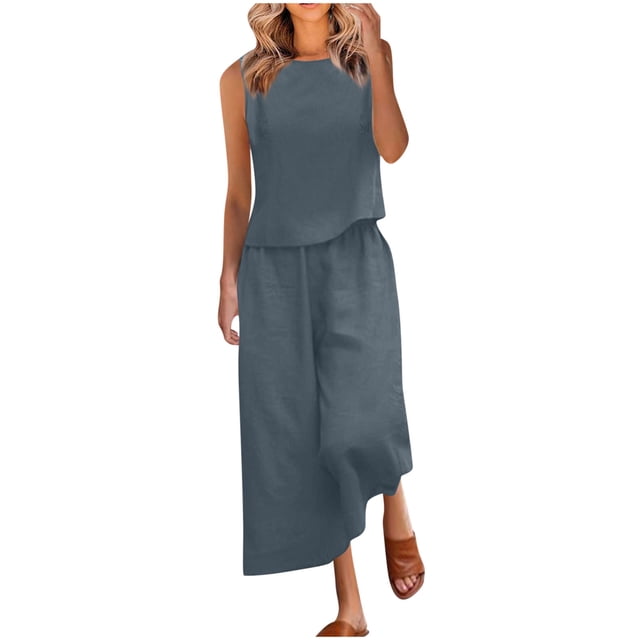 Birdeem Blouses pour Femmes Mode Col Rond Sans Manches et Pantalons Longs Taille Élastique Ensemble Décontracté