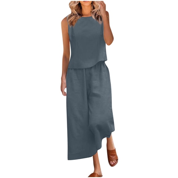 FAIWAD Women's 2 Piece Cotton Linen Outfits Crewneck Sleeveless Tops and Wide Leg Pants Lounge Sets Tracksuits