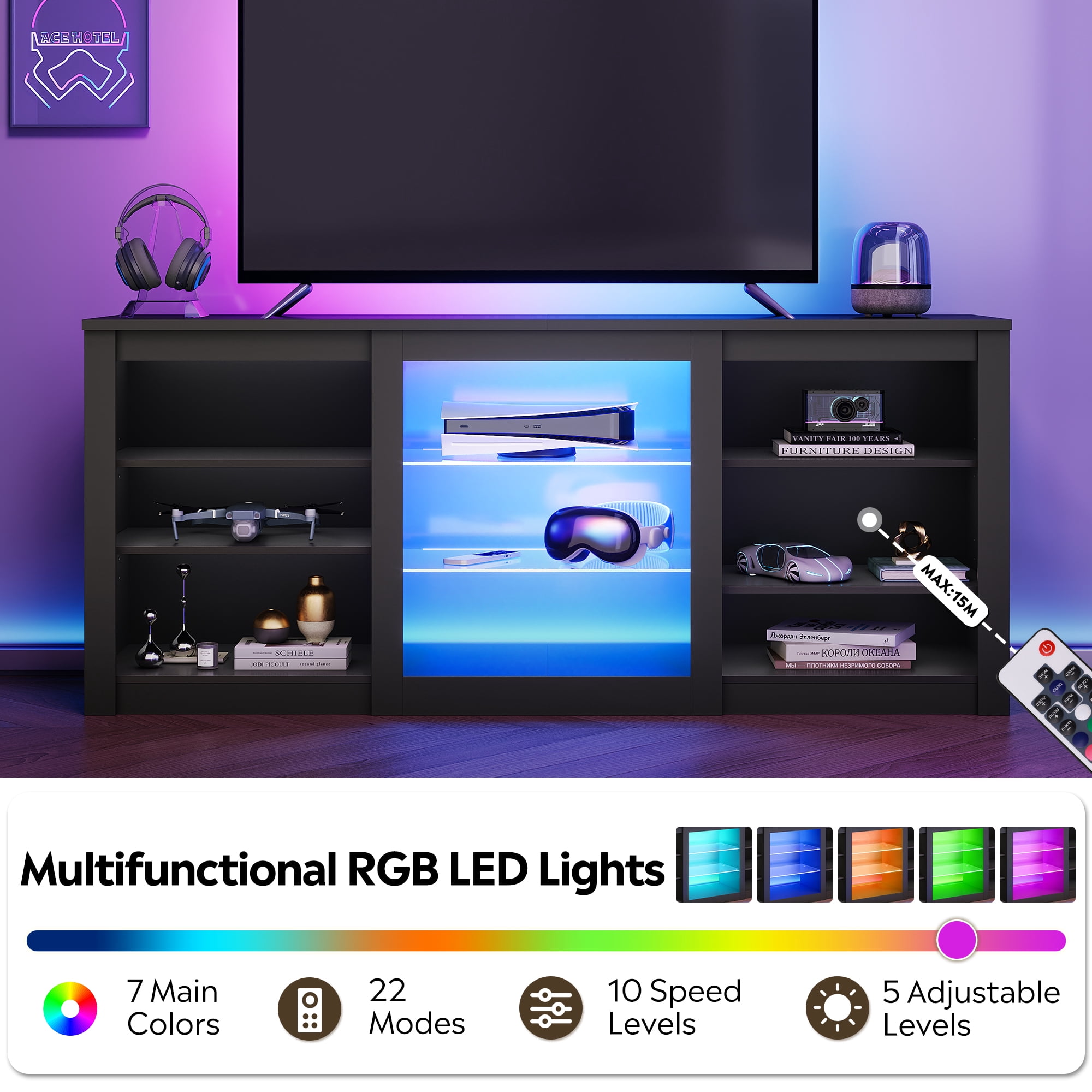 GALAXHERO Modern TV Stand for 65 Inch TV Entertainment Center with Adjustable Open Shelves & LED Lights Sturdy Media Console for Living Room, Bedroom, Gaming Black
