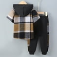 thumbnail image 2 of Toddler Kids Boys Plaid Shirt and Pants Set Short Sleeve Lattice Button Down Hooded Breathable Sweatpants Outfits Two Piece Set Brown 3T, 2 of 8