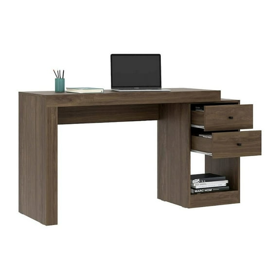 FurniFact Brown Desk with Storage, Office Desk with 2 Drawers, 1 Shelf, Expandable Top