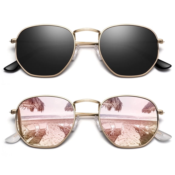 Sunier Hexagon Polarized Fashion Sunglasses Women Ultralight Square Polygon Metal Shades-2 Pairs