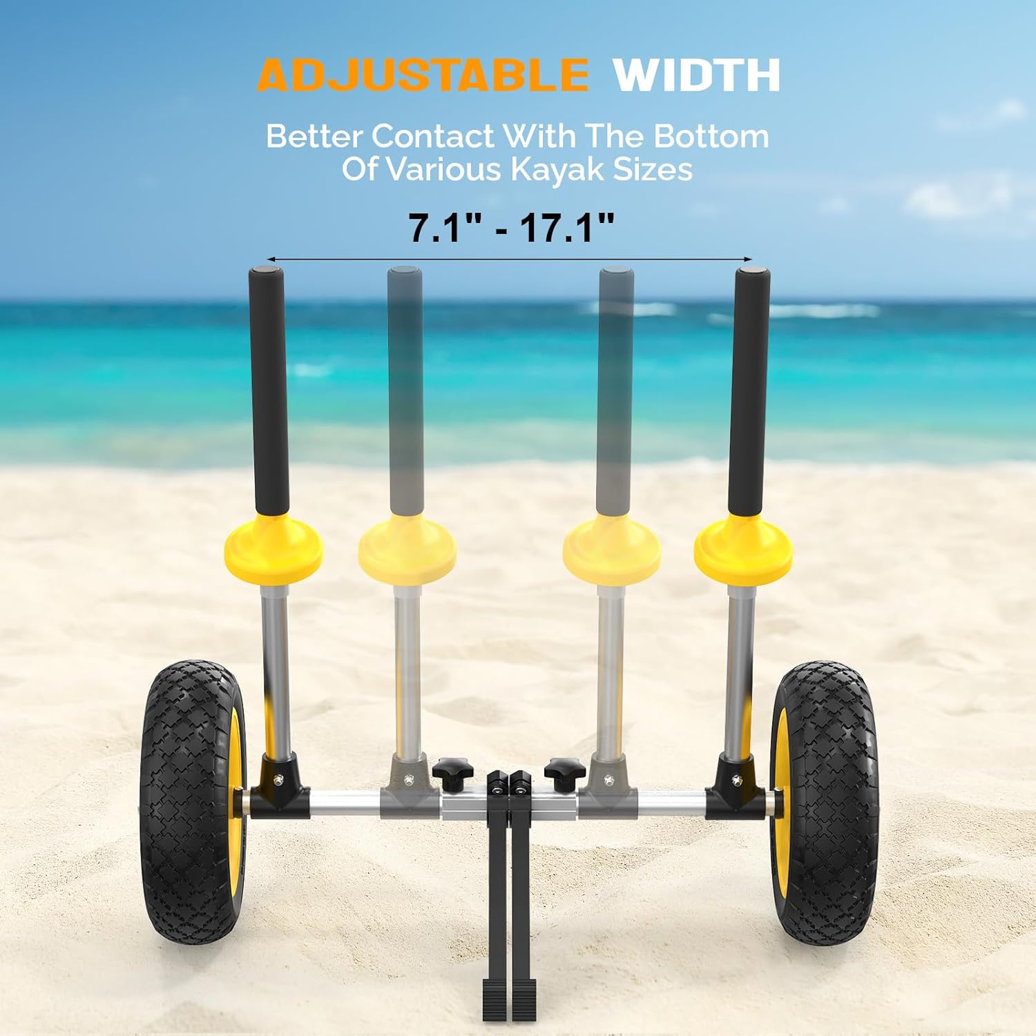 HJTER Kayak Cart with 10in Kayak Wheels, 7.1"-17.1" Adjustable Width, Detachable Kayak Dolly with Adjustable Angle Kickstand, Strap Free Kayak Trolley for Sit on Top Kayaks