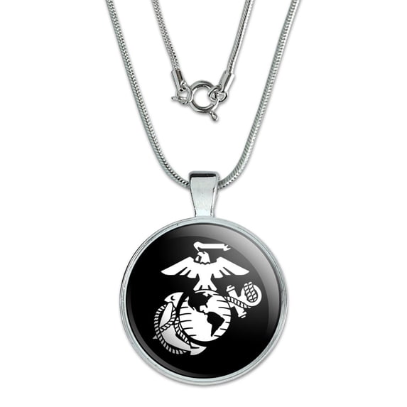 Marines USMC White Eagle Globe Anchor on Black Officially Licensed 1" Pendant with Sterling Silver Plated Chain