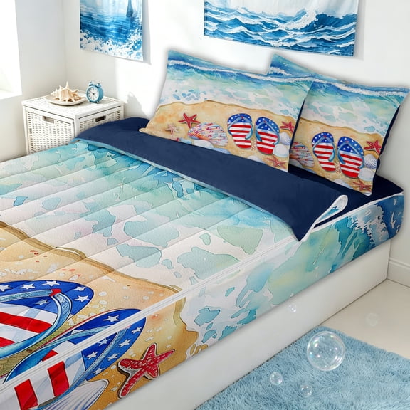 Erosebridal Beach Flag Flip Flop Starfish Zipper Twin Comforter Sets with Fitted Sheet and 2 Pillowcases for Girls Boys, Sand Patriotic Summer Zipper Bedding Set, Navy Reversible, 4 Pieces