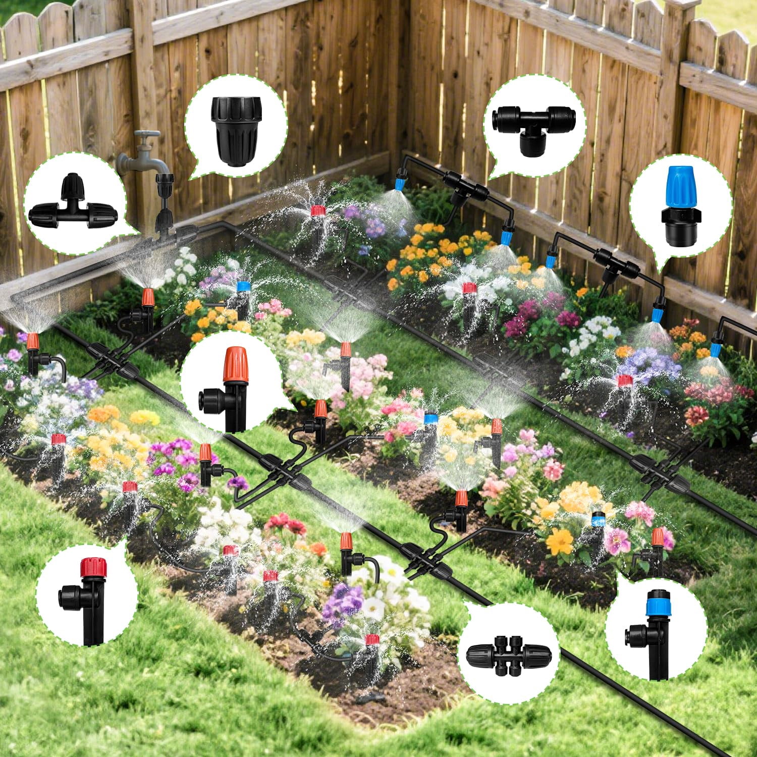 230ft Drip Irrigation System For Garden With 40 Nozzles & Emitters  Watering 1/2" 1/4" Tube And Barbed Fittings - Adjustable Sprinklers Kit Greenhouse Lawn Raised Bed