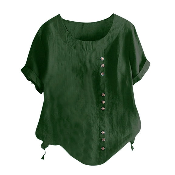Baqcunre Womens Tops,Solid Round Neck Raglan Sleeve Hem Slit Loose Short Sleeve Button Decoration T Shirt,Shirts for Women Going Out Tops for Women Tops for Women Trendy Army Green L