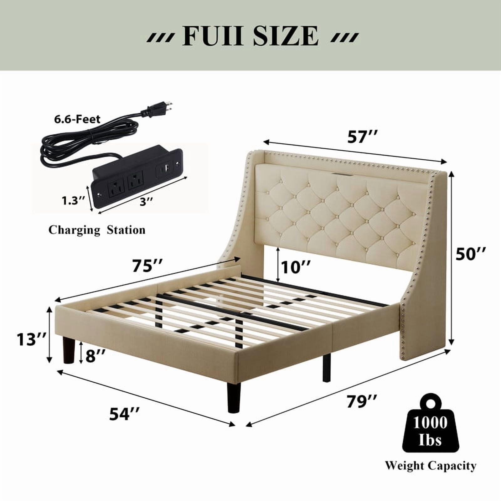 iPormis Full Bed Frame with Upholstered Wingback Button Tufted Storage Headboard, Luxurious Platform Bed with Charging Station, Beige