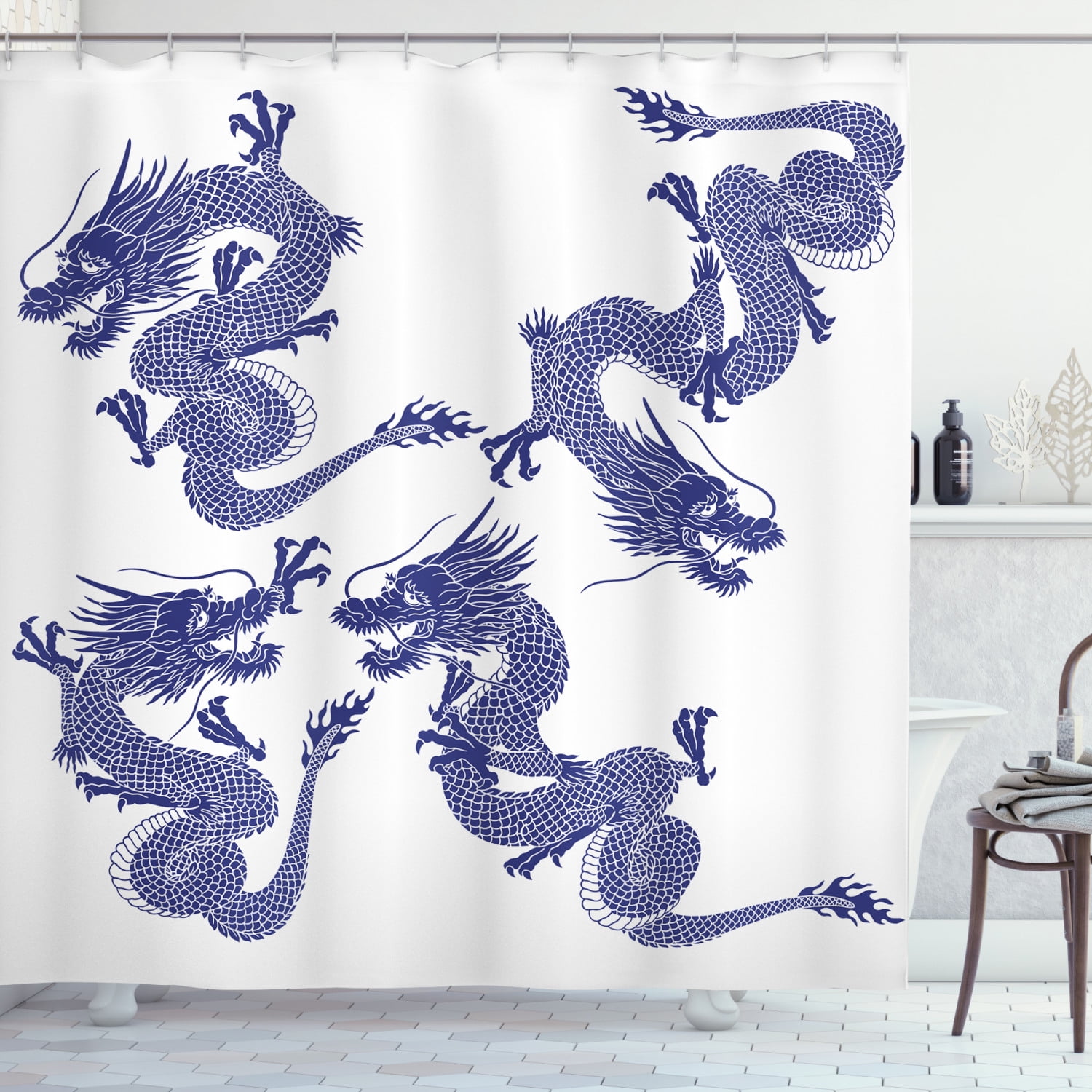 Dragon Shower Curtain, Indigenous Japanese Dragons White Background