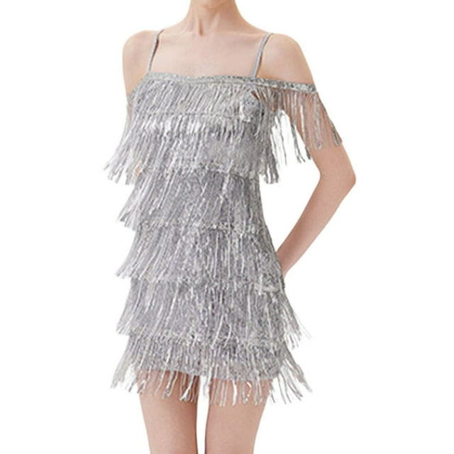 QHFBli Robes de Cocktail Robes Charleston Années 1920 Gatsby avec Franges à Paillettes Intégrales Robes Mini Robe de Bal de Promo de Fête Gris G