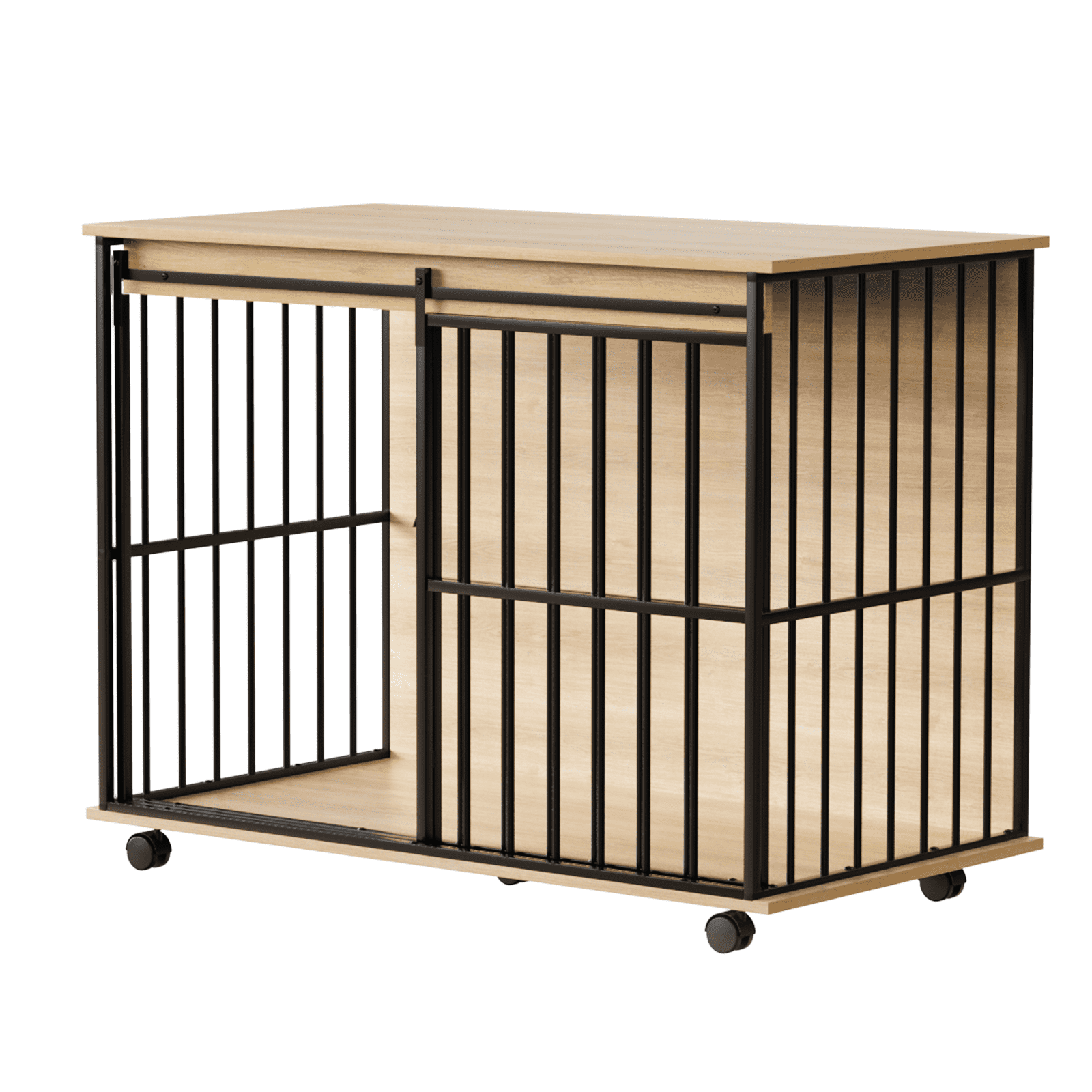 ZephyPaws 44in Dog Crate Furniture,Wooden Dog Kennel Indoor with Double Doors, Dog Cage with Wheels,Dog House Side End Table for Large Dogs up to 85 lb,Natural Black