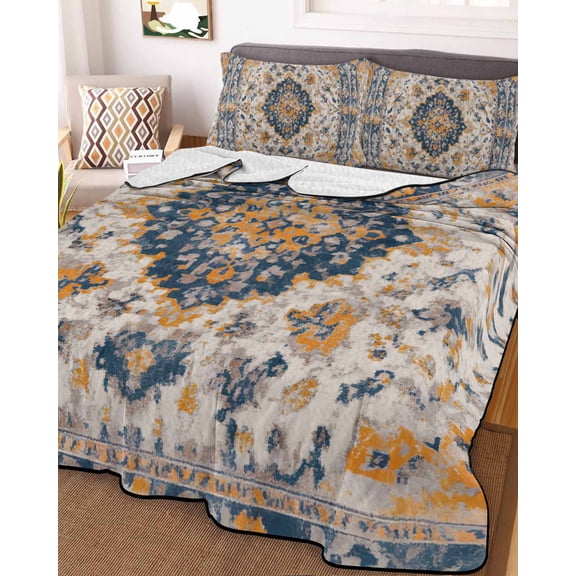Boho Chic Ethnic Queen Size Down Alternative Comforter, Lightweight Comforter Quilt Bedding Set with Pillow Shams Orange Blue Vintage Tribes All Seasons Bed Comforter Duvet Insert 90"x96"