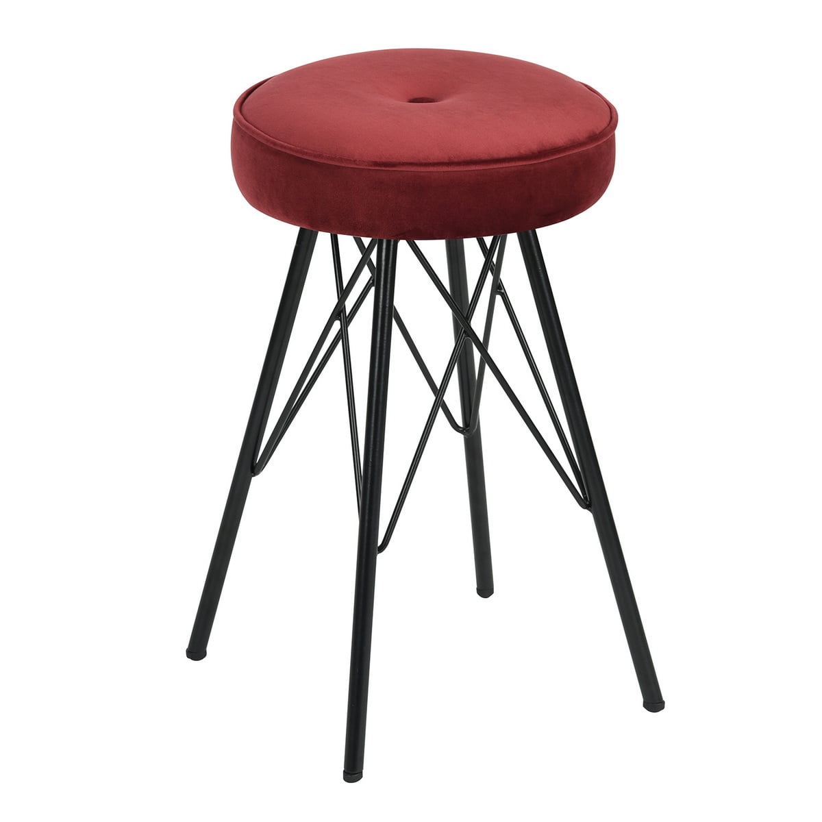 Upholstered Red Velvet Stool Set Of 2,Black Metal Legs,Eketahuna