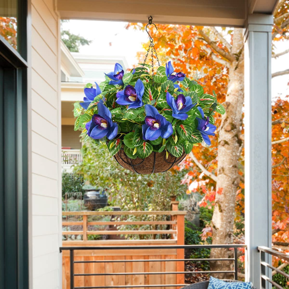 Artificial Hanging Flowers,Fake Orchid Flowers Branches Real Touch for Outdoor Indoor,Artificial Plants in Coconut Lining Hanging Baskets for Patio Garden Decor(Blue)