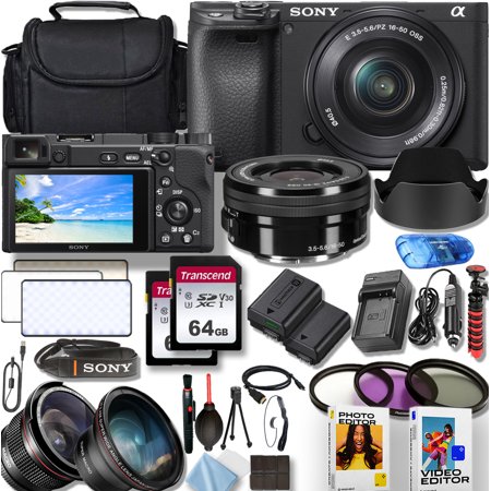 Sony a6400 24.1MP 4K video recording Camera with Sony E PZ 16-50mm f/3.5-5.6 OSS Lens , 50 LED Light, 2X64GB Transcend Memory, Photo/Video Software Kit+Deluxe Accessory Bundle