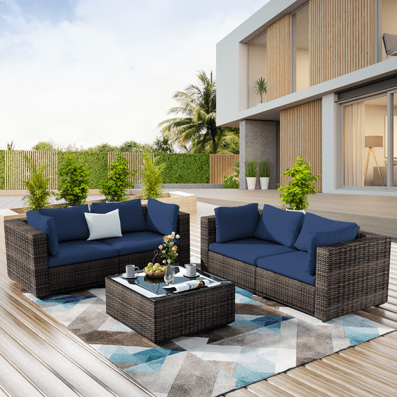 TANGJEAMER 5 Piece Patio Furniture Set, All Weather Outdoor Sectional PE Rattan, Patio Conversation Sets with Cushions and Glass Coffee Table for Garden Lawn Balcony Porch Deck,Blue