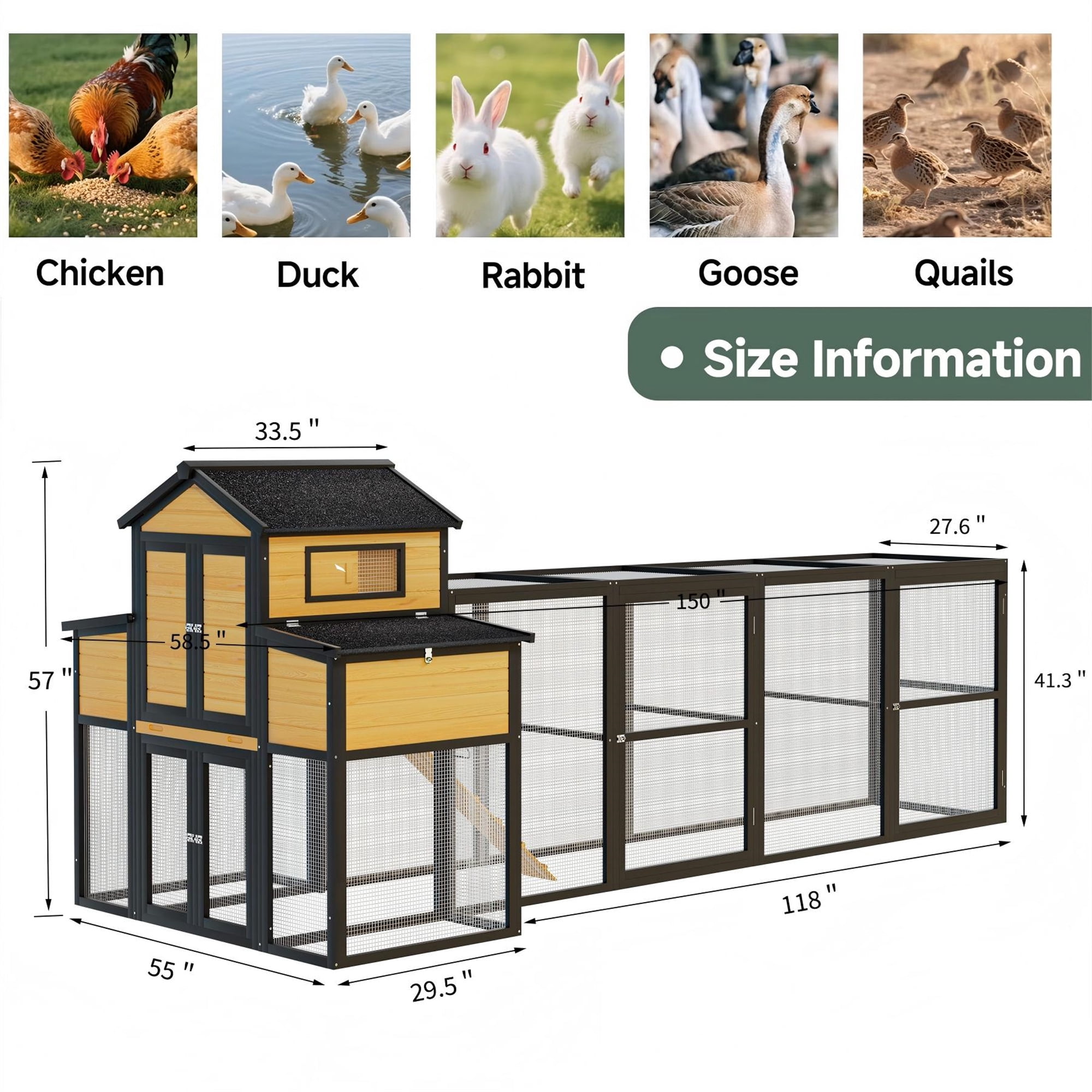 Aukfa 150" Extra Large Chicken Coop Wooden 2 Tier Chicken Run Cage with 4 Nesting Boxes, Waterproof Roof for Outdoor, Backyard, Black