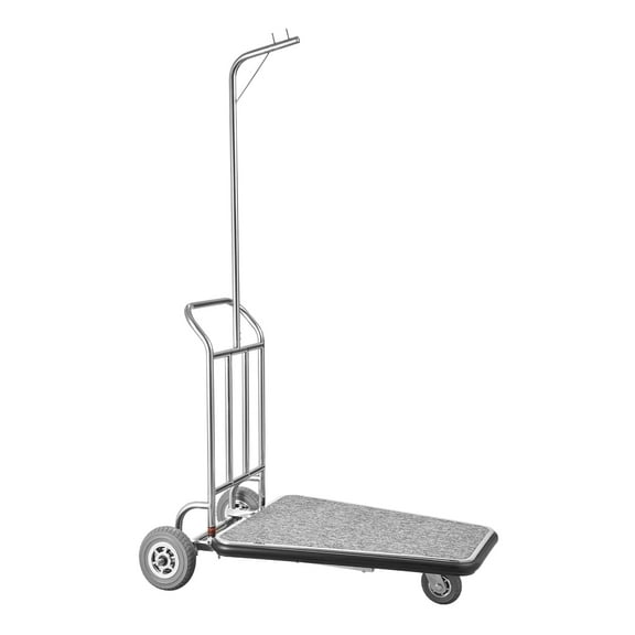 VEVOR Luggage Cart, 600 LBS Load Capacity, 3 Wheel Stainless Steel Bellman Cart, Valet Cart with Grey Carpeted Deck and Rubber Wheels, Ideal for Convention Centers, Hotels, Rental Properties, Silver