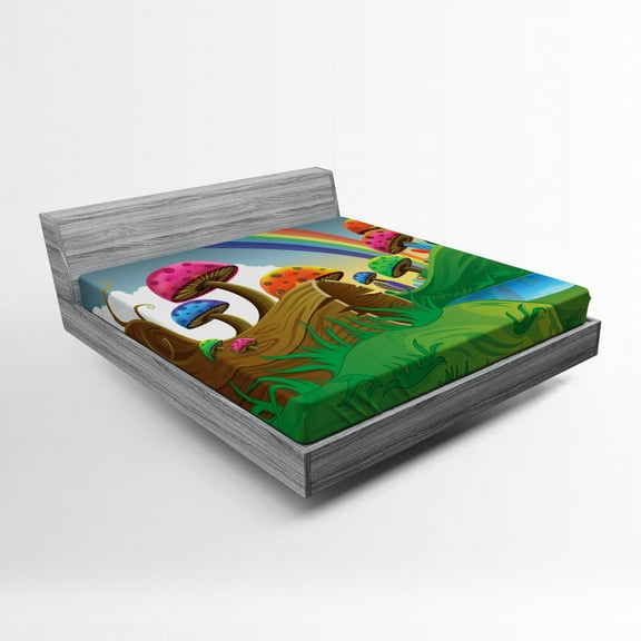 Ambesonne Mushroom Fitted Sheet, Sunny Playful Foliage, Queen Size, Multicolor