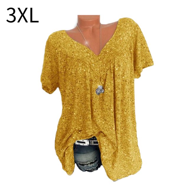 Camiseta de mujer con cuello en V, manga corta, camiseta de verano informal estampada, amarillo, 3XL Scienceny AP001653-30