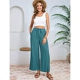 thumbnail image 4 of Womens Cotton Linen Pants Summer Casual Beach Pants Drawstring Flowy Wide Leg with Pockets Blue & Green XXL, 4 of 9