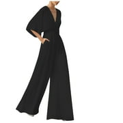 ATINETOK Jumpsuits for Women Dressy Business Empire Waist Wide Leg Maxi Jumpsuits with Pocket Summer V-Neck Elbow-Length Solid Long Formal Rompers Black XL