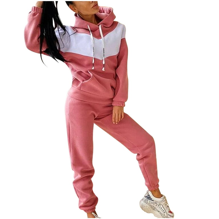 RQYYD Women's Jogging Suits Sets Hoodies Tracksuit Long Sleeve Drawstring  Sweatshirts and Sweatpant 2 Piece Color Block Sport Pullover Sweatsuit Pink