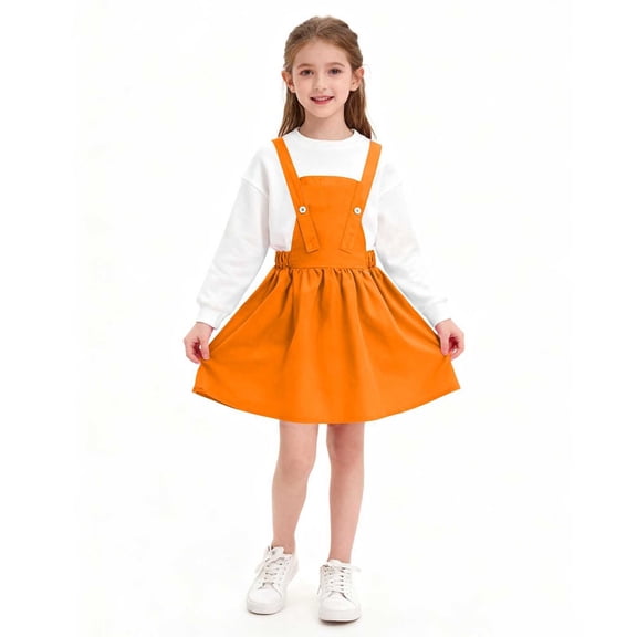 hengsof Girl Solid Color Overall Dress with Shoulder Straps and Suspenders Set