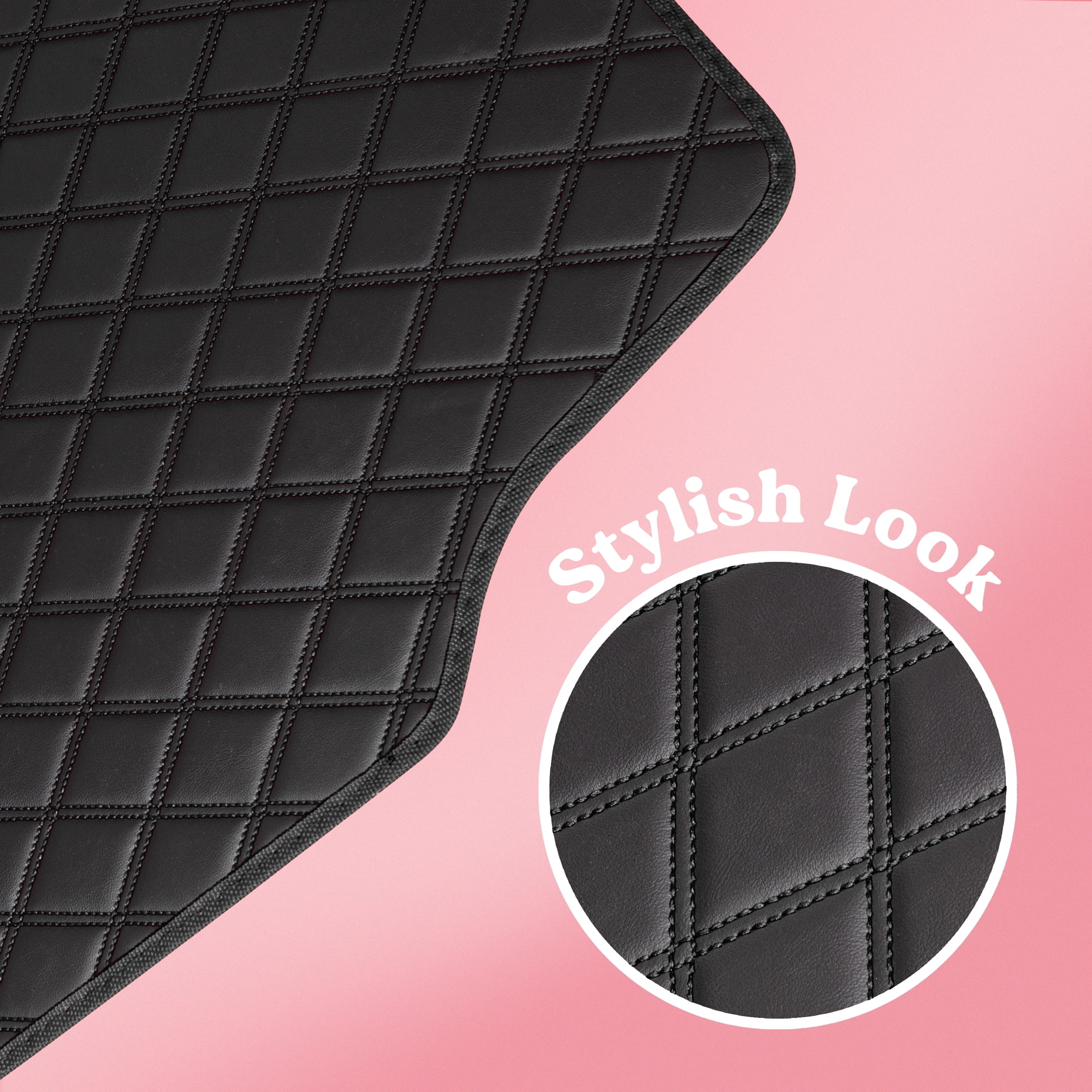 Carbella DiamondLuxe Car Floor Mats, Stylish Faux Leather Car Mats with Diamond Stitched Detail and Matching Taping, Universally Sized All-Weather Floor Mats for Cars Trucks SUV, Full (Black)