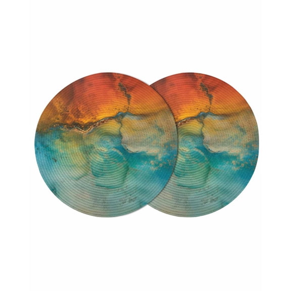 Abstract Round 13 Inch Placemats Set of 2, Orange Teal Green Gradient Fluid Modern Oil Painting HeatResistant Non Slip Place Mats for Dining Table, Wipeable Kitchen Table Mats for Housewarming