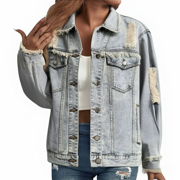 Breezora Women's Distressed Denim Jacket with Fringe Details Long Sleeve Loose Fit Casual Boho Style Outerwear L Size Blue