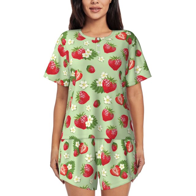 Balery Strawberry Floral Conjunto de Pijama para Mujer con Estampado, Dos Piezas de Manga Corta y Shorts, Ropa de Dormir Suave con Cuello Redondo y Bolsillos-4X-Large