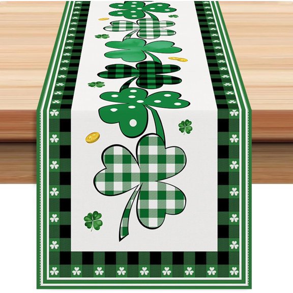 St Patricks Day Table Runner,Green Lucky Shamrock Clover Table Runner Seasonal Spring Holiday Plaid Farmhouse Kitchen Dining Table Decoration for Indoor Outdoor Home Party Decor,13*72 inch