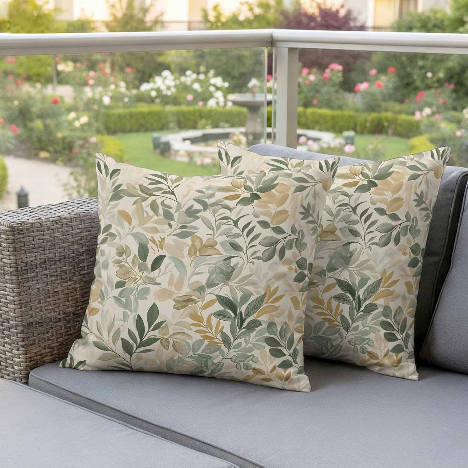 Vintage Leaves Outdoor Pillow Covers 24"x24" Set of 2, Rattail Leaves Plants Watercolor Texture Waterproof Throw Pillow Covers for Patio Furniture, Decorative Cushion Covers for Porch