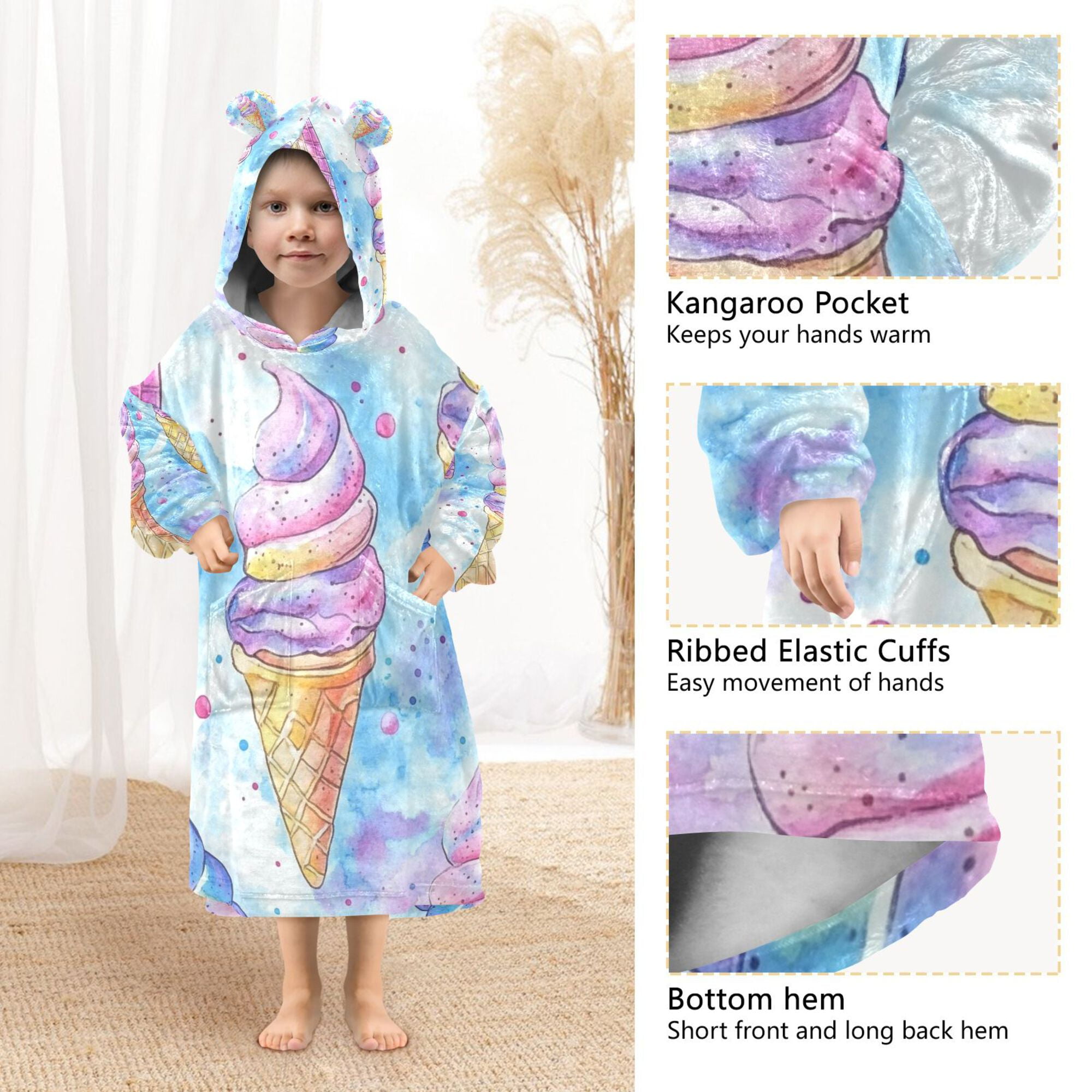 FORMRS Wearable Blanket Hoodie with Sleeves for Kids Cozy Flannel Sweatshirt, Watercolor Ice Cream Pattern