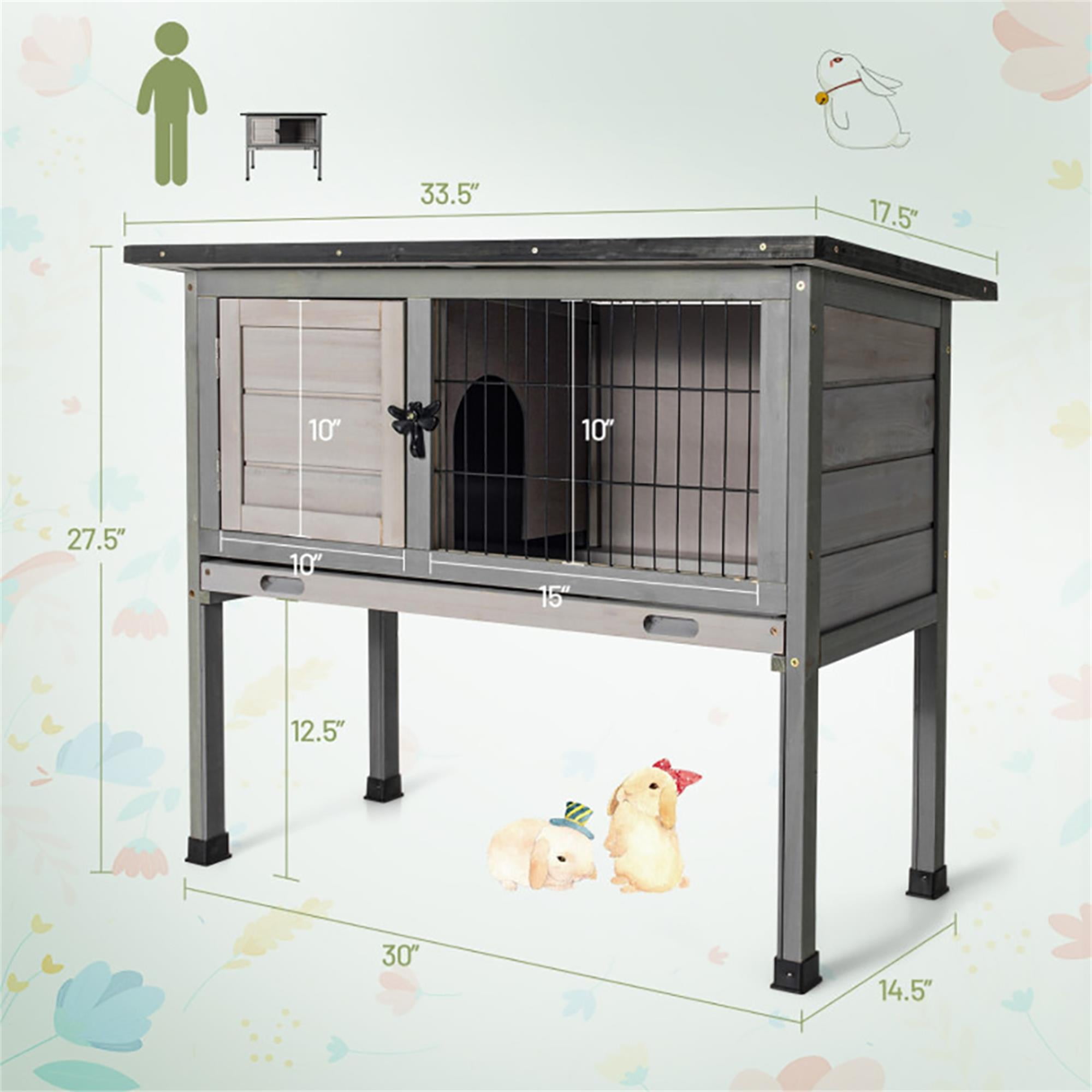 resenkos 33" Outdoor Rabbit Hutch, Wood Guinea Pig Hutch, Indoor Small Animal House Pet Cage, Gray