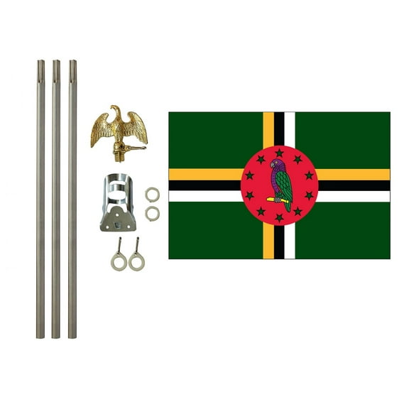 3x5 Polyester Dominica Flag with 6 foot Pole Kit; Contains a 3x5 Polyester Flag, a 6 foot long 3/4inch Diameter Aluminum Pole and a Bracket