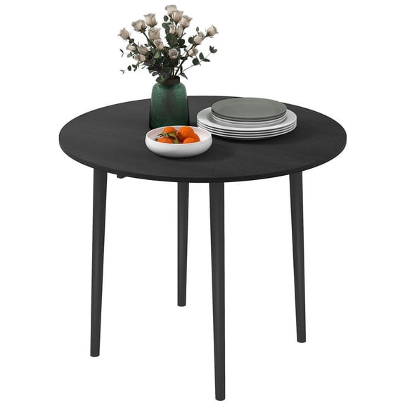 35" Round Drop Leaf Folding Dining Table Distressed Black Top with Solid Wood Legs