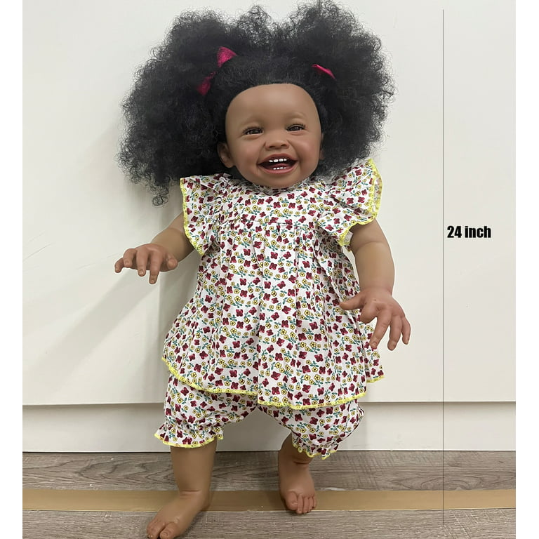 24 Inch Reborn Baby Dolls, 2023 Latest Newborn Baby Black Skin Handmade Body Real Looking Doll Birthday Children Gift for Age 3+ -