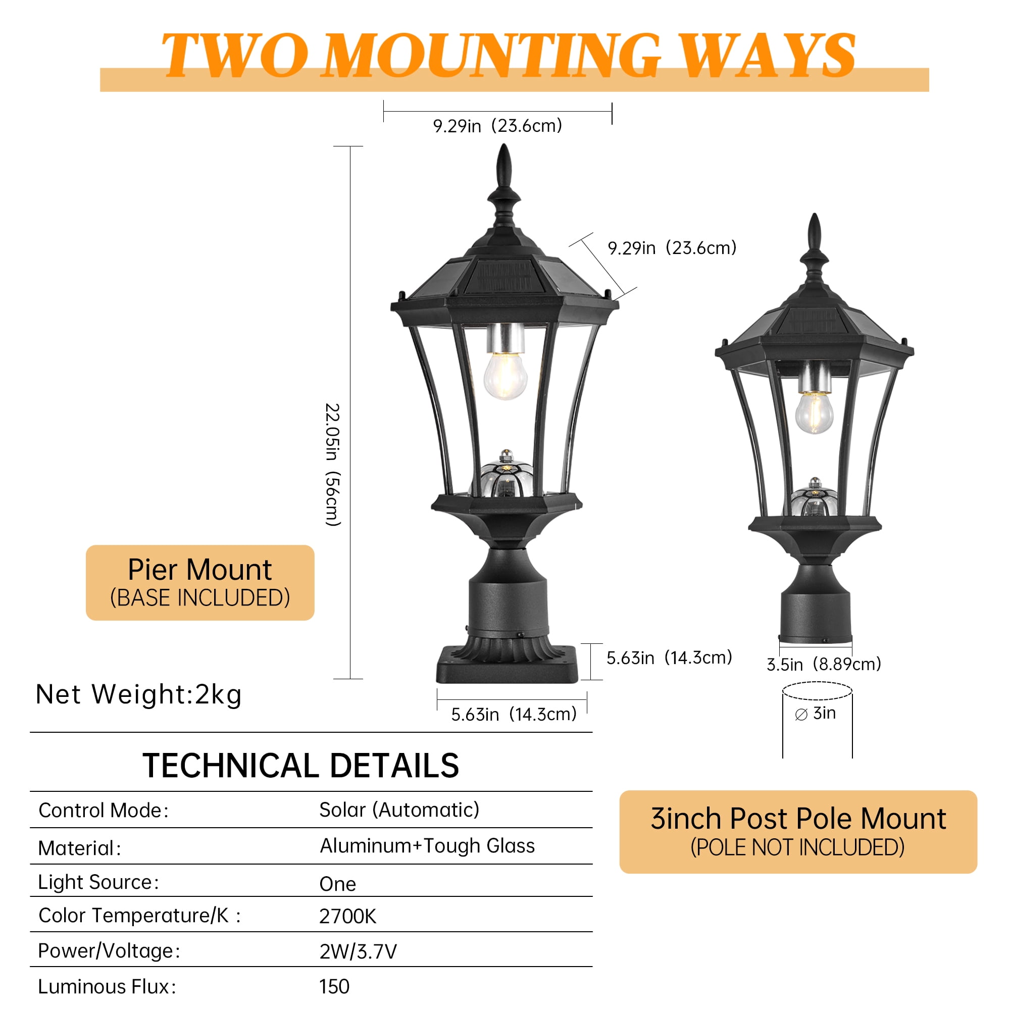 Solar Post Light with Dusk to Dawn Sensor and Pier Mount Base, Black Lantern for Yard, Garden, and Pathway, Black